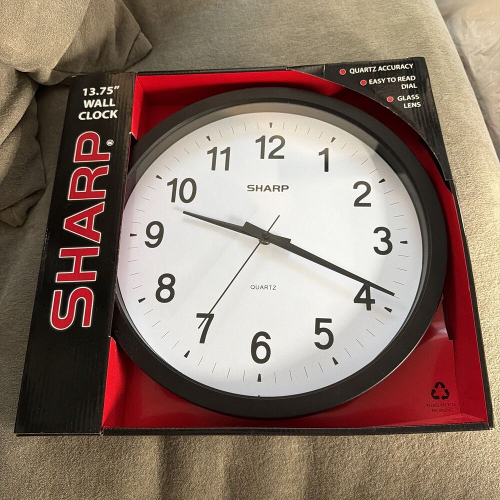 SHARP Wall Clock – Black, Silent Non Ticking 13.75 Inch Quartz Battery- NIB